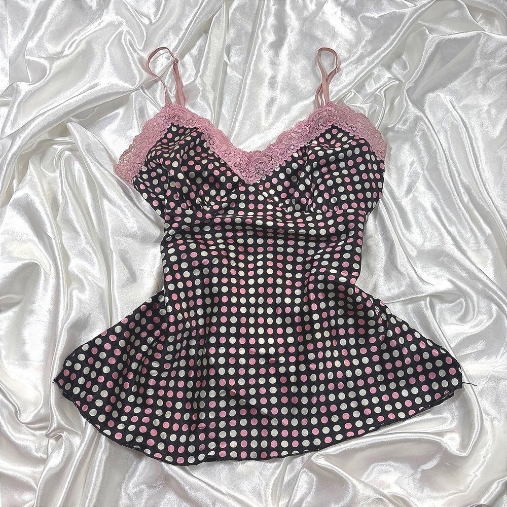y2k Cami Top Black Pink Excellent Polka Dot Lace Trim Satin Babydoll Tank